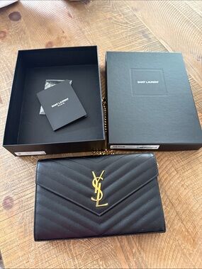 Saint Laurent Black Quilted Leather Envelope Wallet with Gold YSL Logo